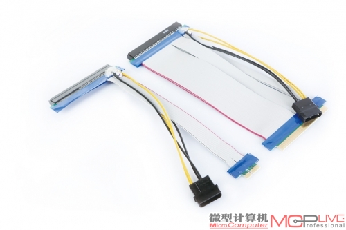 图10：超过三块显卡，就需要使用P C I-E延长线，笔者使用的延长线在供电部分经过了特殊改造。